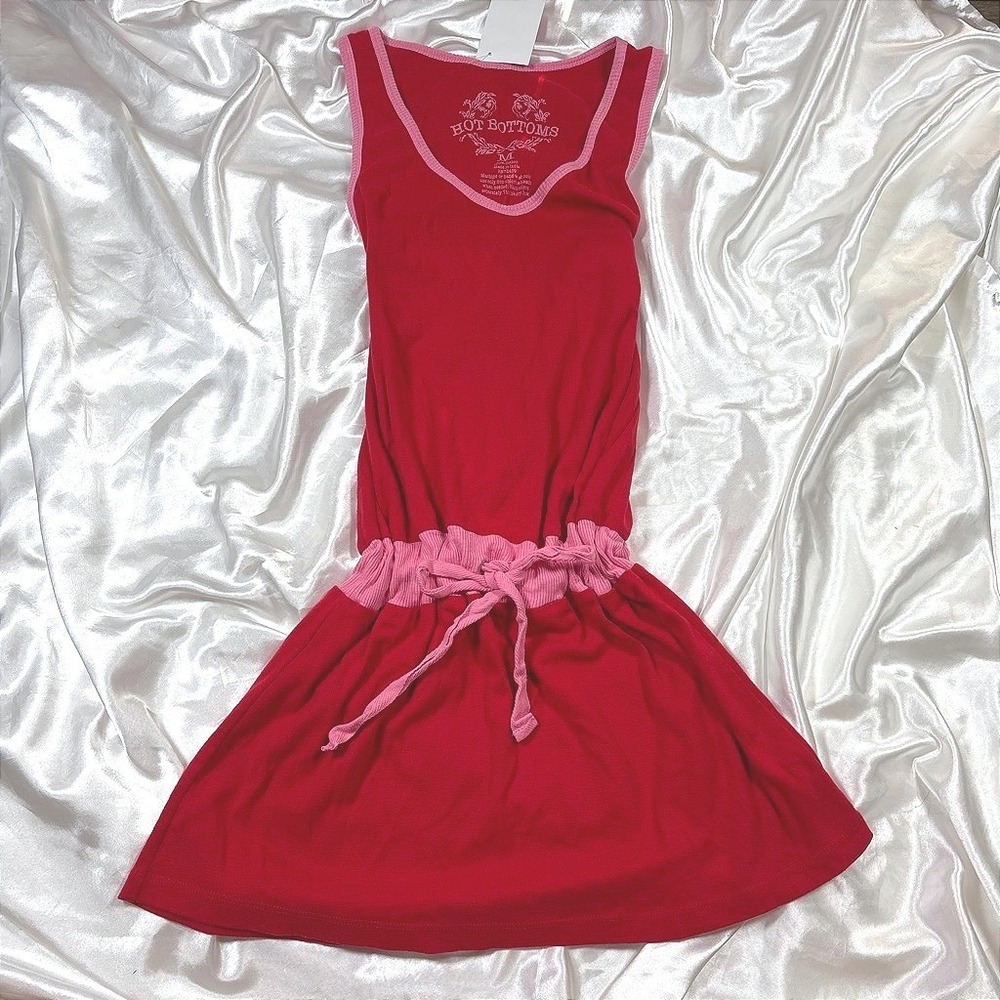 y2k Mini Dress Red Like New Hot Bottoms Cotton Sleeveless Pink Trim V-Neck M
